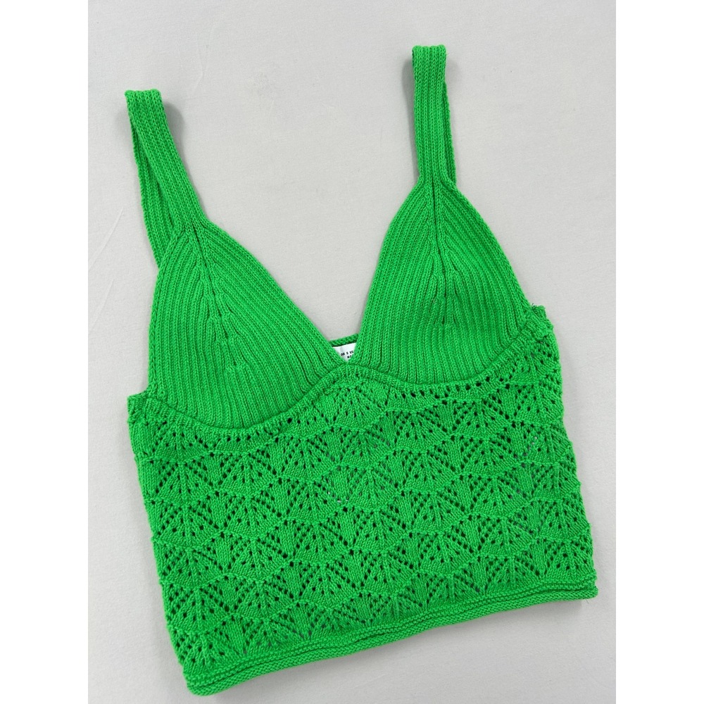 Zara Green Pointelle Knit Crop Top V-Neck Sleeveless Tank Small - Picture 3 of 12